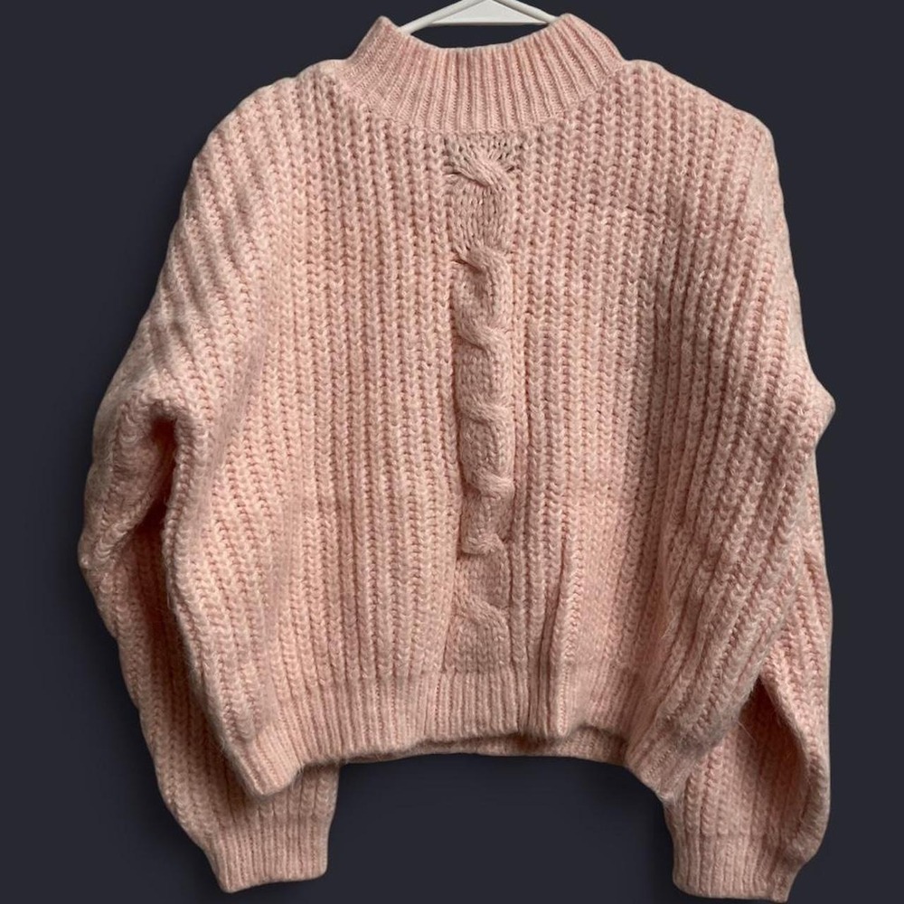 Tarazzia Vintage Pink Cable Knit Mock Neck Sweater Medium Ribbed Chunky Cropped